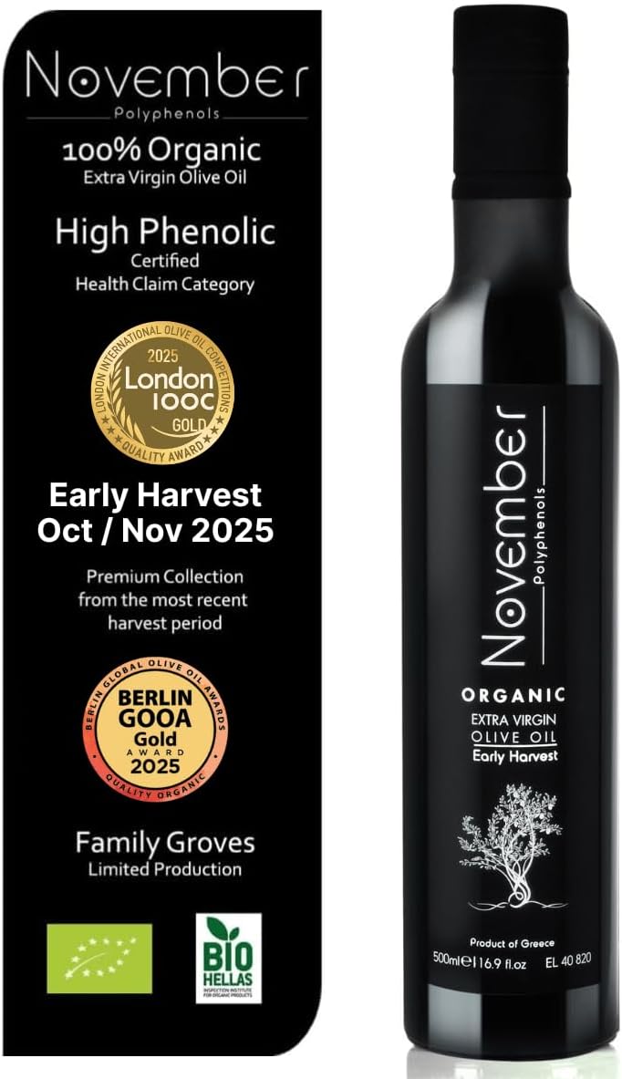 November Polyphenols Olive Oil Extra Virgin - Organic High Phenolic EVOO –  Cold Pressed Extra Virgin – Greek – 500ml Bottle