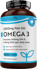 Nutravita Omega 3 Capsules High Strength 2000mg with 660mg EPA & 440mg DHA - 240 Softgel Omega 3 Fish Oil Capsules