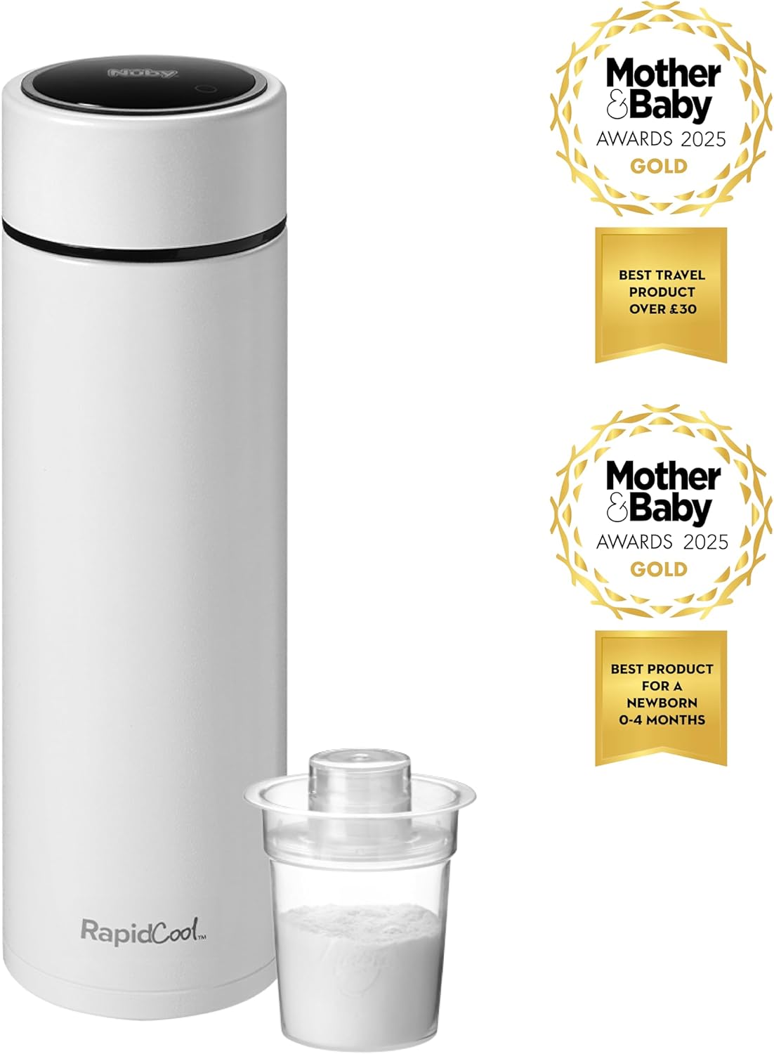 Nuby RapidCool Portable Baby Bottle Maker - Formula Feed in 2 Minutes | Ideal for Travel Bottles and Night Feeds | Includes Milk Powder Dispenser and Digital Lid | No Filter Needed (White)