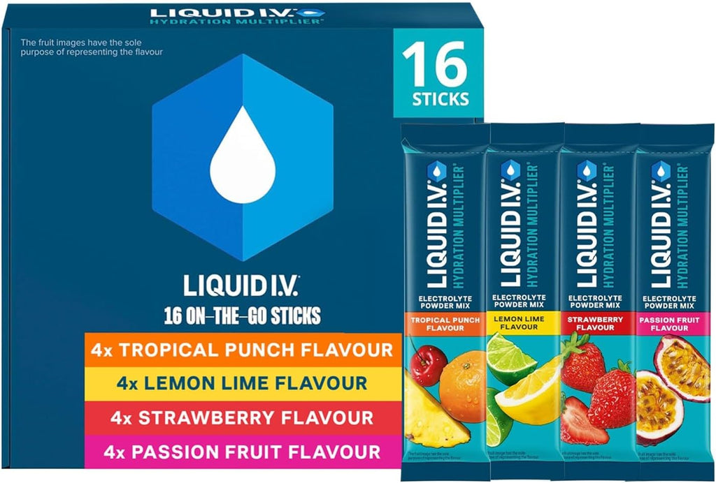 Liquid I.V. Hydration Multiplier Electrolyte Powder Mix Variety Pack, Lemon Lime, Passionfruit, Strawberry and Tropical Punch Flavours, for Fast Hydration & Energy, 16 Sachet Sticks