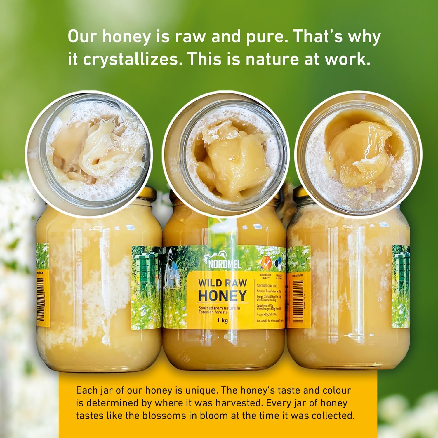 Pure Natural Wild Raw Honey 1KG - Unpasteurised, Unfiltered, Crystallized, Natural Estonian Honey