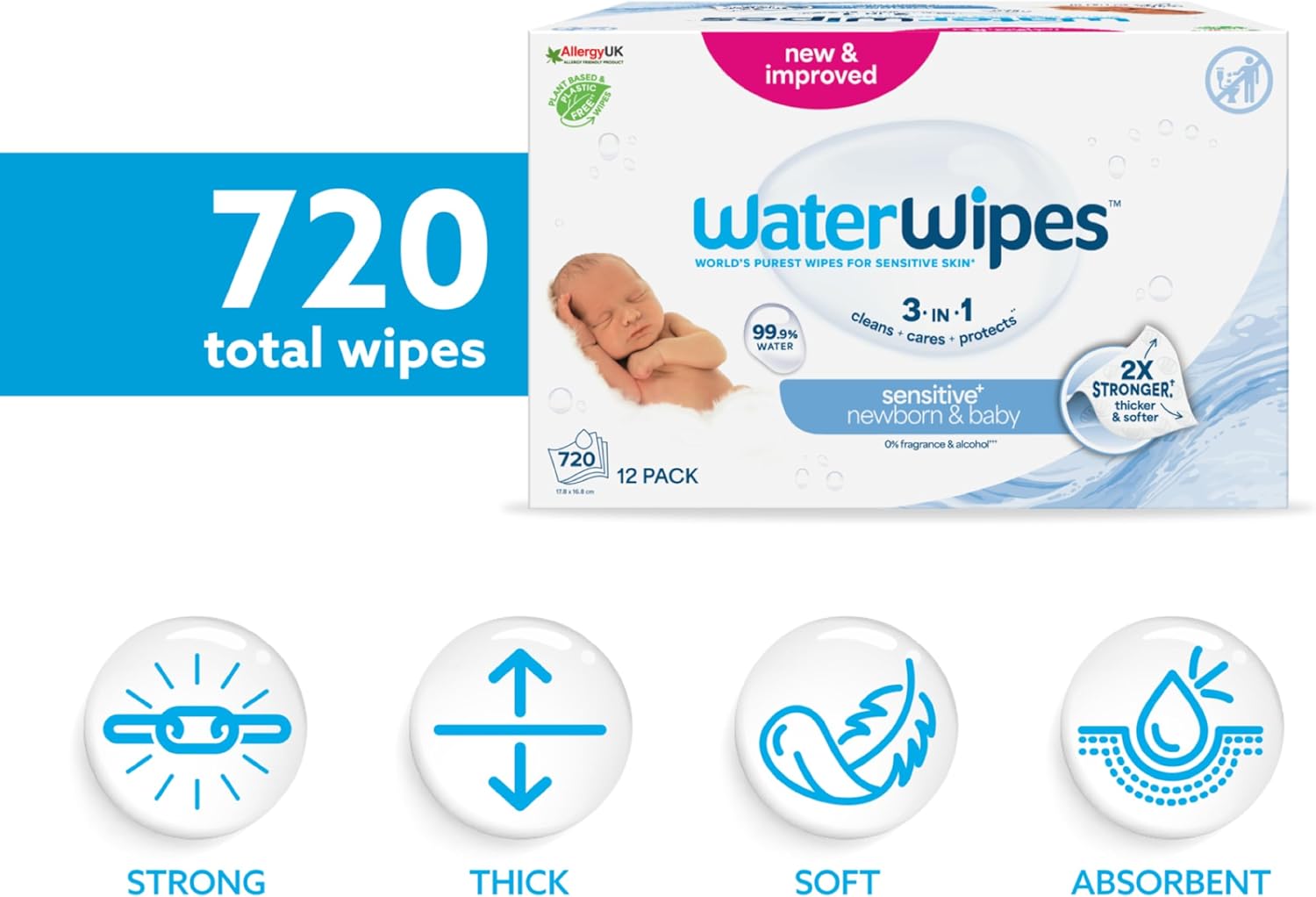 WaterWipes Sensitive+ Newborn & Baby Wipes, 720 Wipes (12 Packs), 3-in-1 Cleaning, Care, Protection, 99.9% Water, Fragrance Free