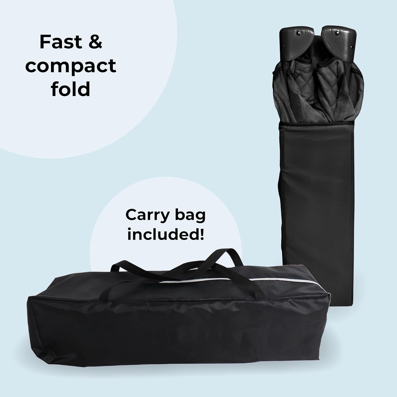 My Babiie Travel Cot - Lightweight, From Birth to 15kg, Easy Fold & Compact, Travel Bag, 120cm x 60cm Padded Mattress - Quilted Black