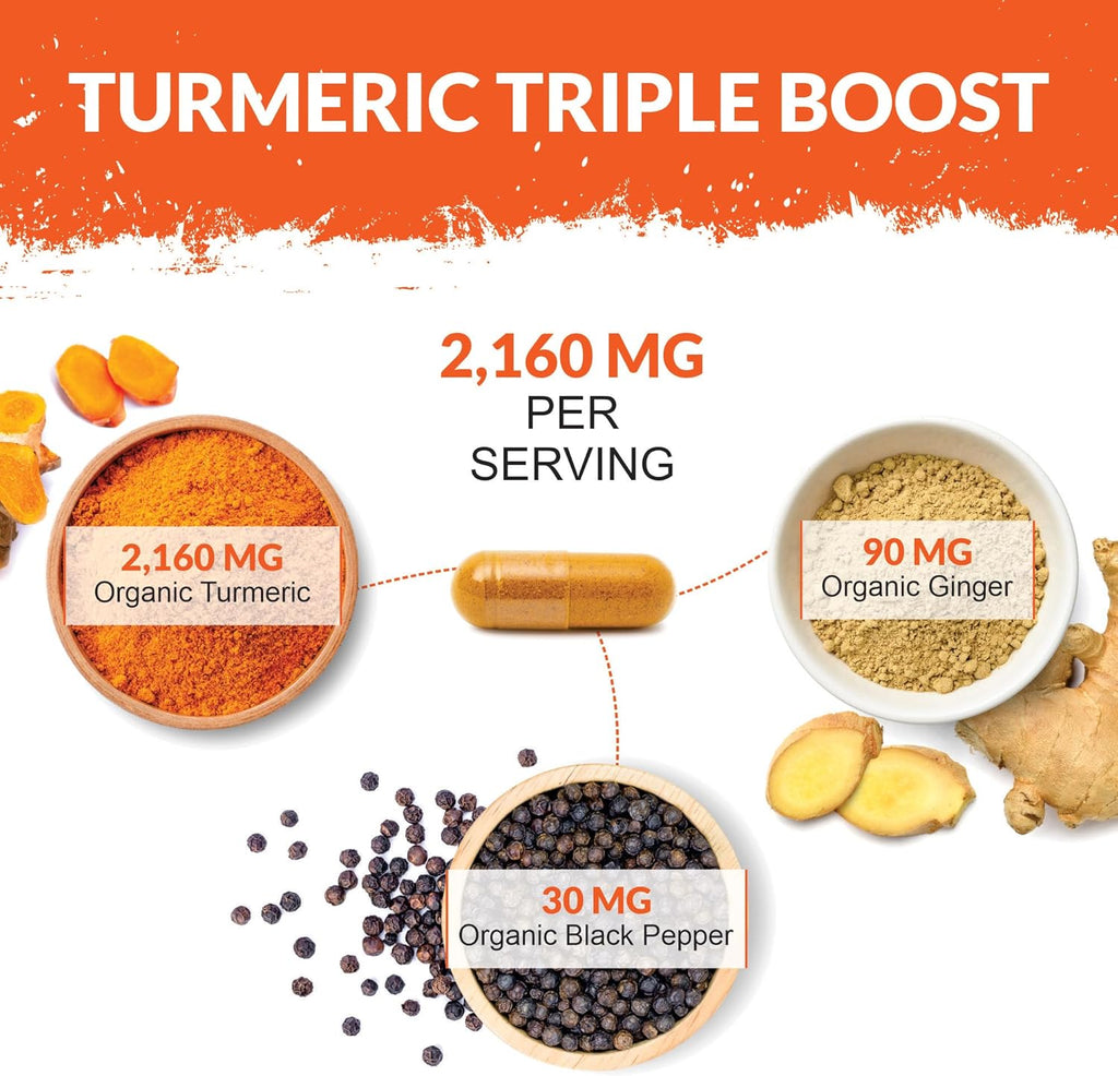Organic Turmeric Ginger & Black Pepper 2280mg - 240 Vegan Capsules - High Strength Tumeric Curcumin
