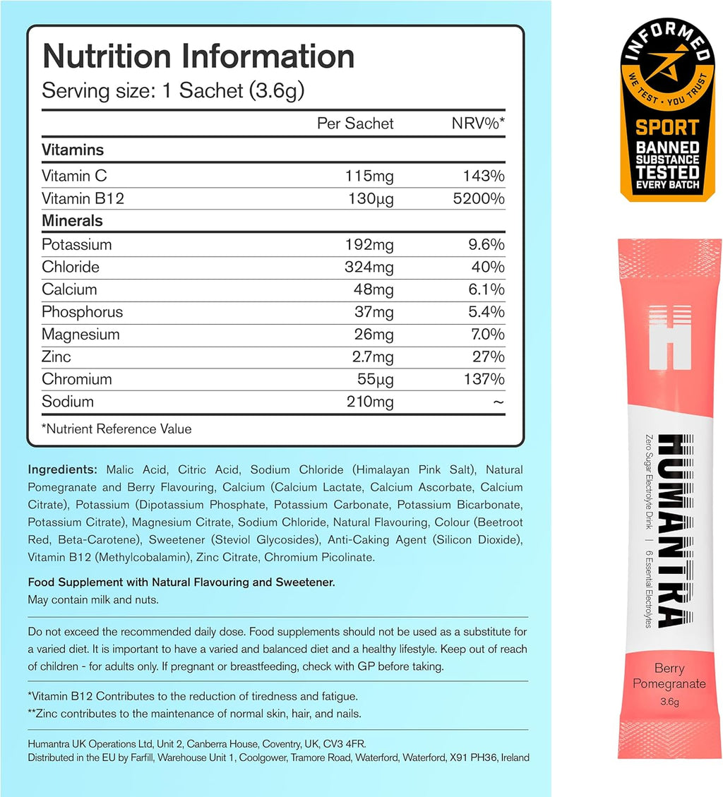 Humantra Electrolytes Powder - Berry Pomegranate Flavor, 20ct - Powdered Hydration Sachets - Plant-Based Electrolyte Powder with 6 Electrolytes - Vegan, Sugar Free, Gluten Free
