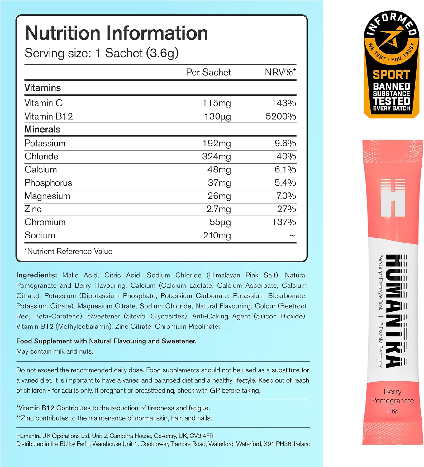 Humantra Electrolytes Powder - Berry Pomegranate Flavor, 20ct - Powdered Hydration Sachets - Plant-Based Electrolyte Powder with 6 Electrolytes - Vegan, Sugar Free, Gluten Free