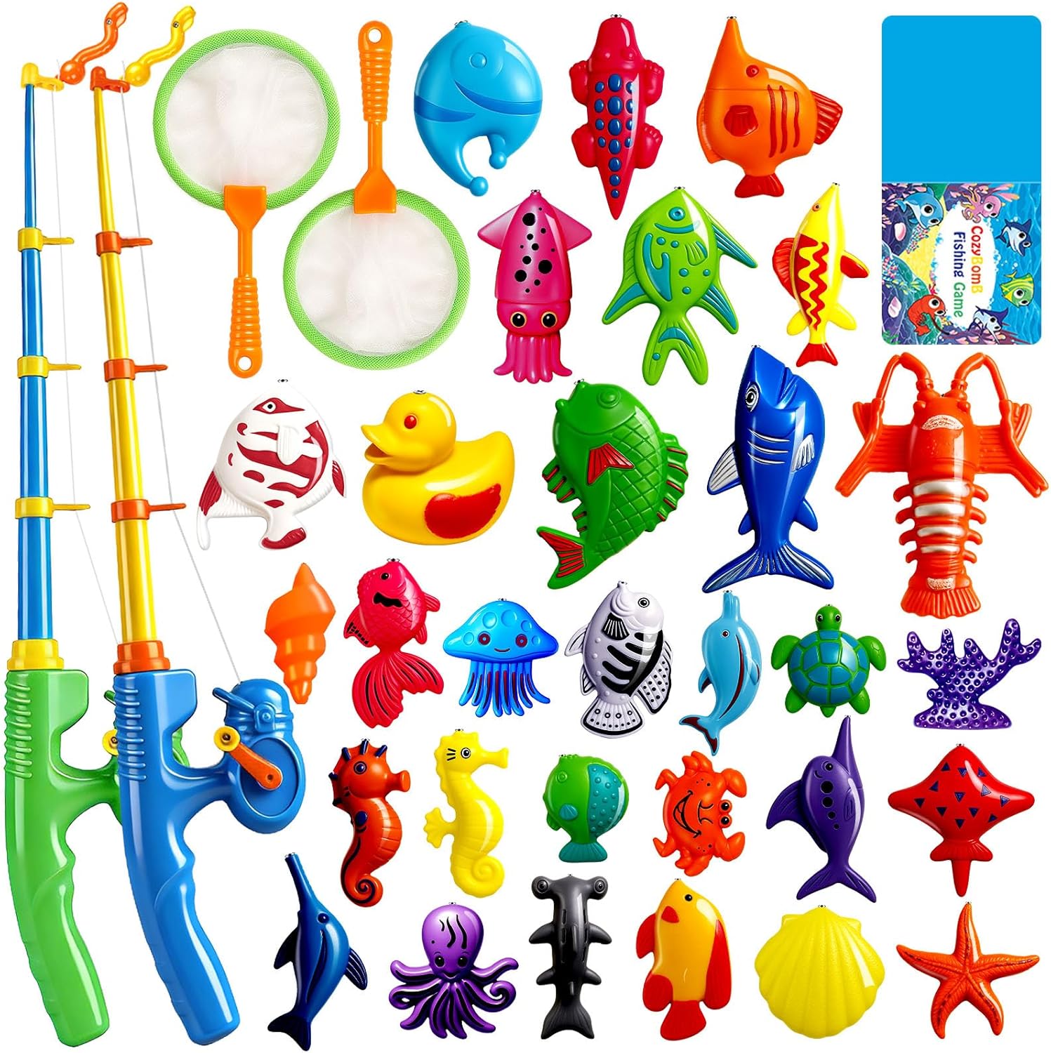 CozyBomB Magnetic Fishing Game Set - Fun Bath Toy for Kids, Toddlers | Indoor & Outdoor Water Play for Pool, Garden | Educational Learning Toys with Pole, Rod, Net, Floating Fish | Birthday Gifts
