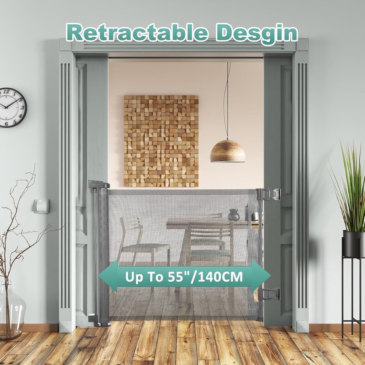 Retractable Baby Gate 140cm Wide x 86cm Tall, Extra Tall Mesh Safety Gate for Baby & Pets, One-Handed Operation, Child & Dog Gate for Stairs, Doorways, Hallways, Indoor/Outdoor Use, Grey