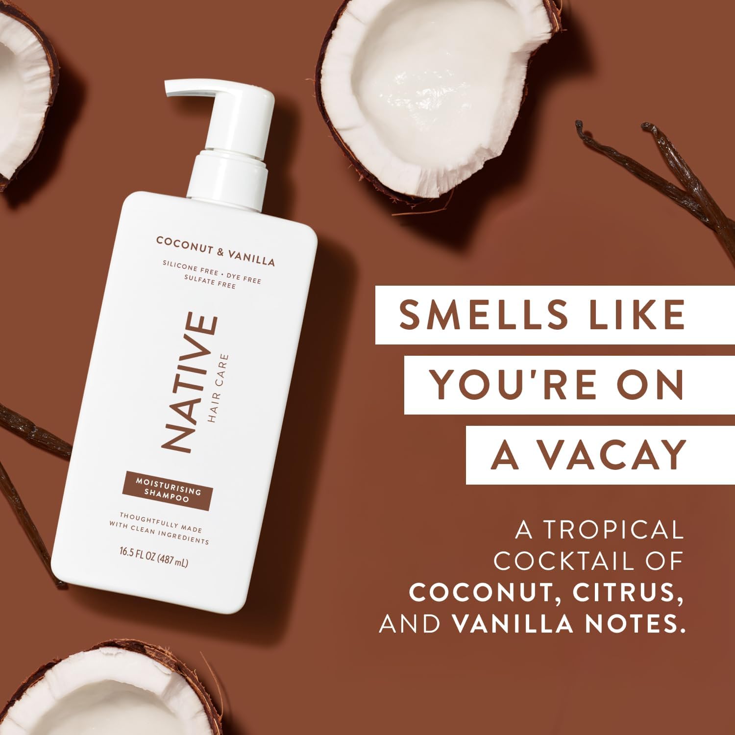 Native Coconut & Vanilla Moisturizing Shampoo Contains Naturally Derived Ingredients - All Hair Types, Color & Treated, Fine to Dry Damaged, Sulphate Free, Silicone Free & Dye Free (487 ml)