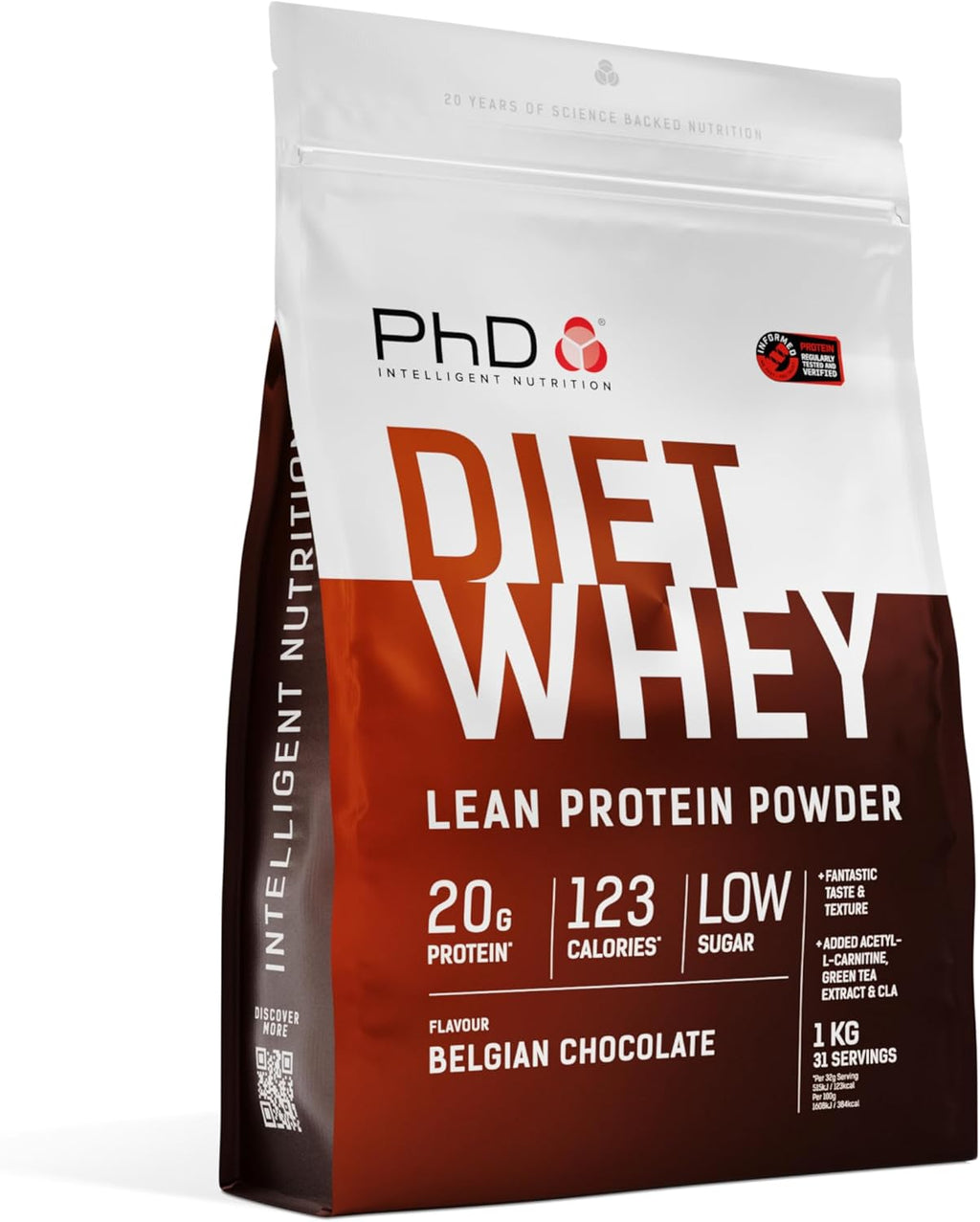 PhD Nutrition Diet Whey Lean Protein Powder, Belgian Chocolate Whey Protein Powder, 1kg Bag, Gluten-Free