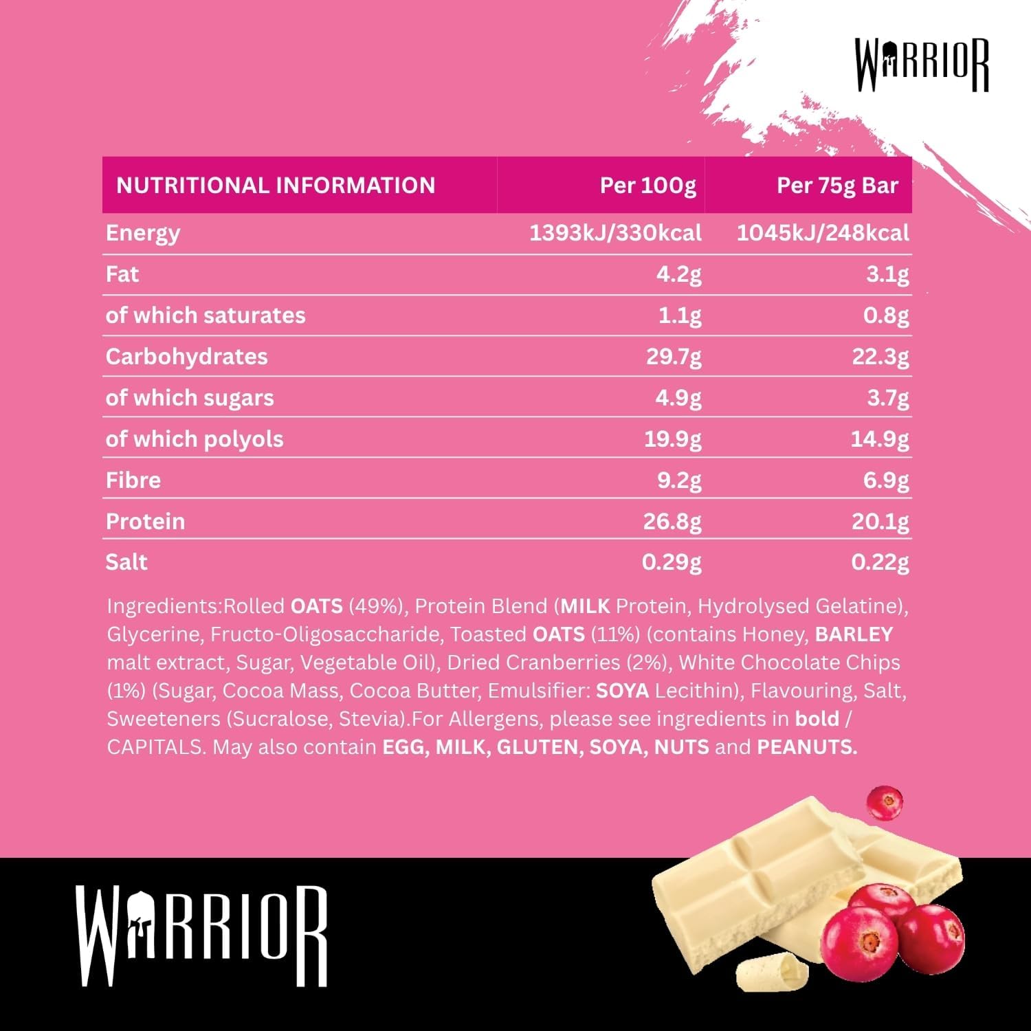 Warrior RAW Protein Bars 12 x 75g – 20g High Protein Bar, Low Sugar High Fibre Oat Protein Flapjack – Protein Snacks, Meal Replacement Bars (White Chocolate Cranberry)
